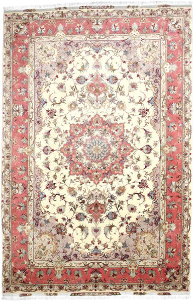 Perserteppich 310x204 Tabriz 50 Raj signiert rosa/weiß Wolle/Seide –  Teppiche Rahvar